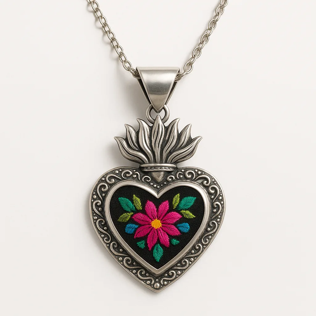 Dije Corazón Sagrado de Plata con Bordado